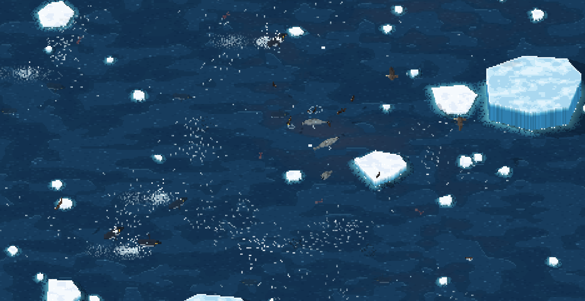 Open water with scattered floes and an iceberg, with seals, penguins and seabirds among them