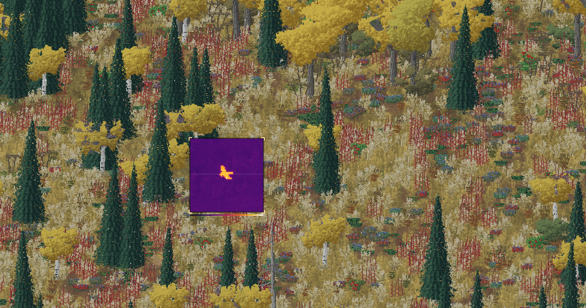 Autumn forest with red and gold undergrowth, and a thermal camera panel showing the heat of a bird