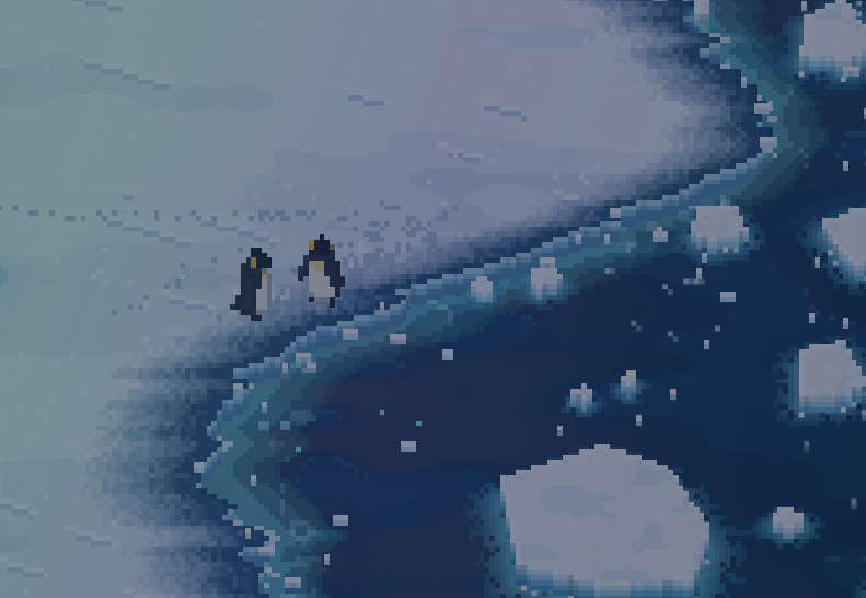 Two emperor penguins standing at the edge of the sea ice at dusk, with new ice forming on the dark water and floes beyond
